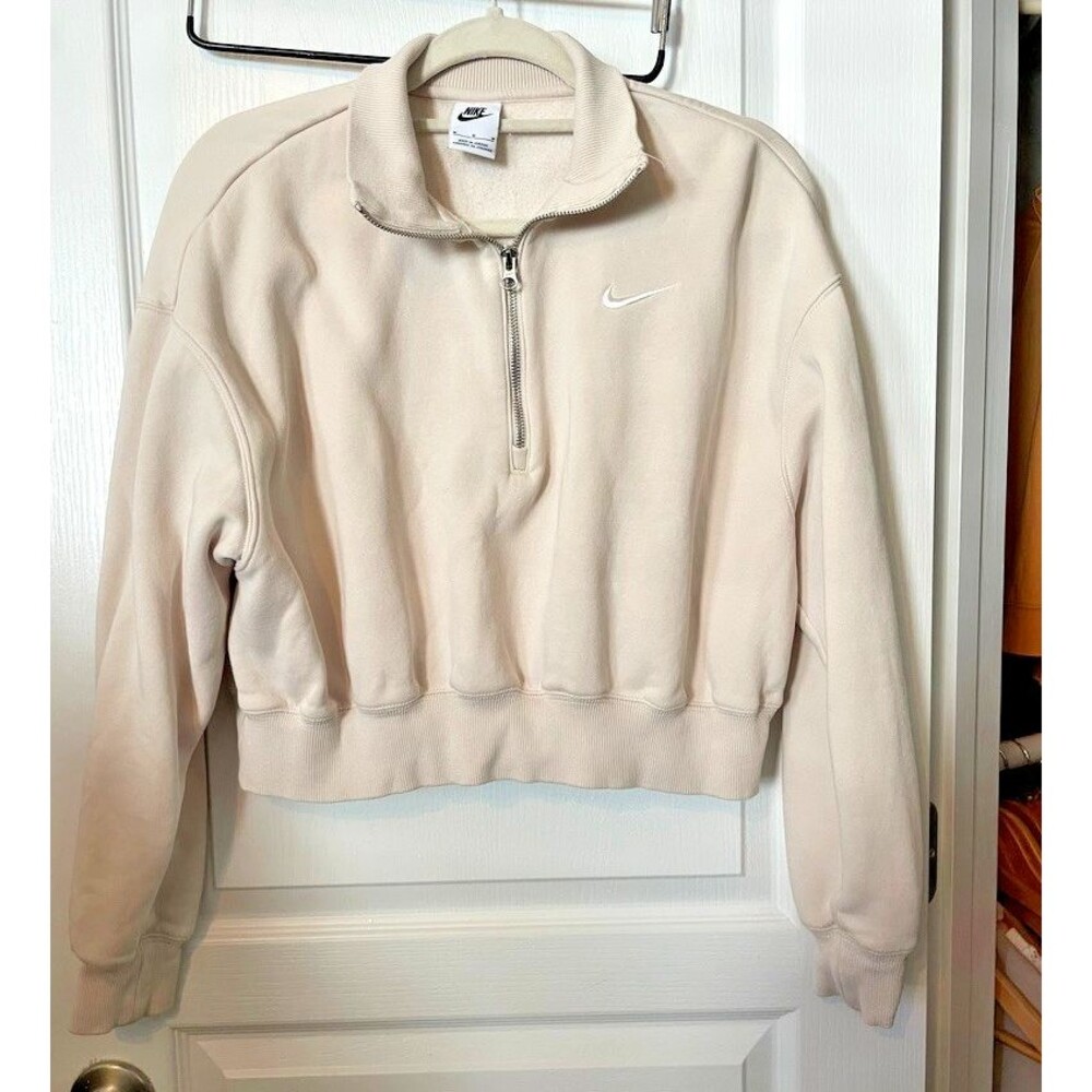 Nike Sweatshirt Women M Tan Beige Sweater Logo Cropped Gym Collared Swoosh
